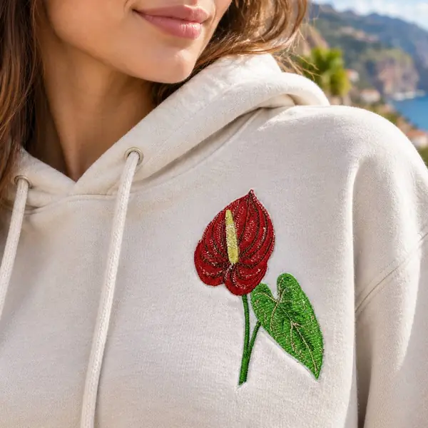 Hoodie cru bordado com um antúrio vermelho