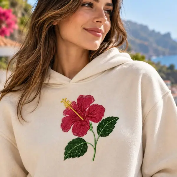 Hoodie cru bordado com um hibisco vermelho
